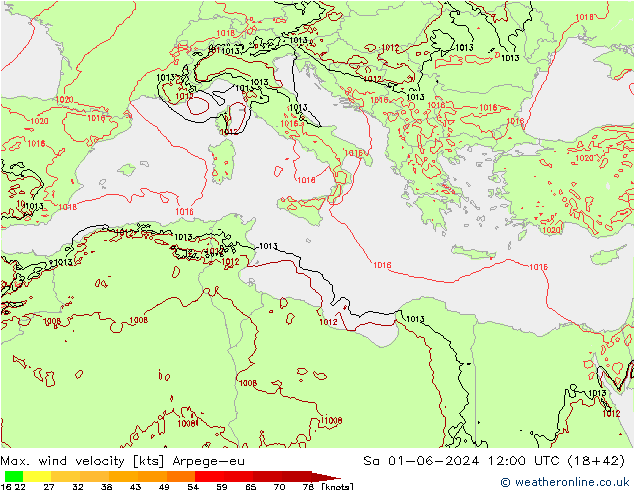 Max. wind velocity Arpege-eu sab 01.06.2024 12 UTC