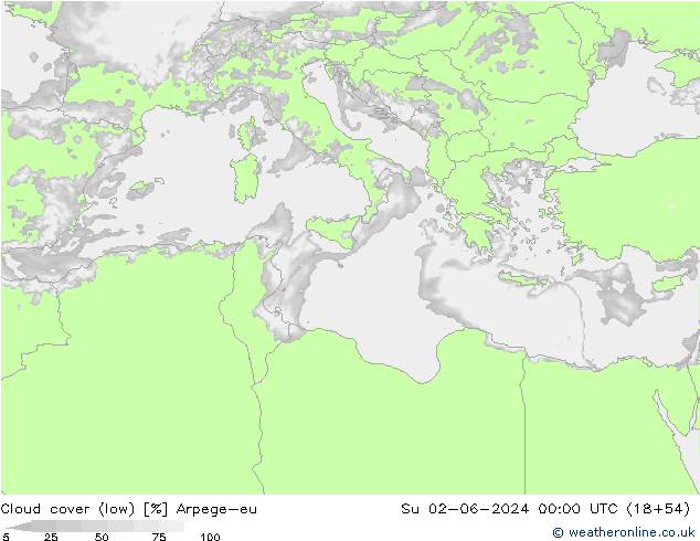 Cloud cover (low) Arpege-eu Su 02.06.2024 00 UTC