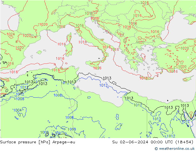 Presión superficial Arpege-eu dom 02.06.2024 00 UTC