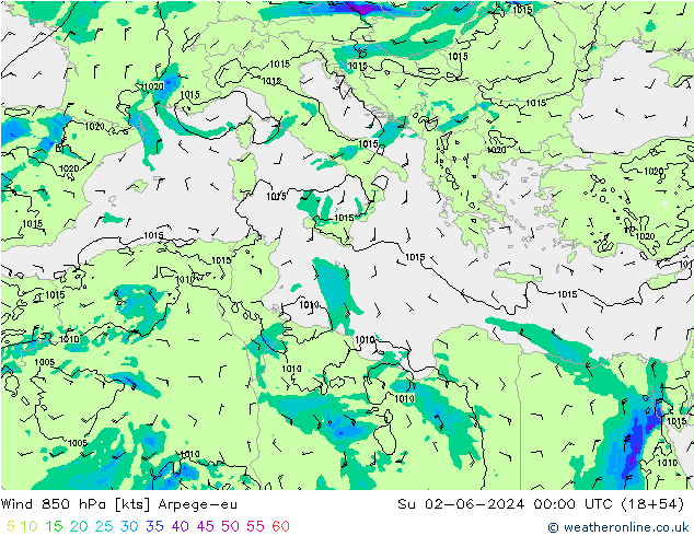 Wind 850 hPa Arpege-eu Su 02.06.2024 00 UTC