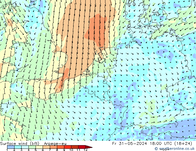 Wind 10 m (bft) Arpege-eu vr 31.05.2024 18 UTC