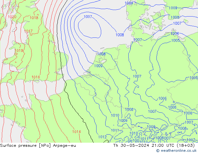 Pressione al suolo Arpege-eu gio 30.05.2024 21 UTC