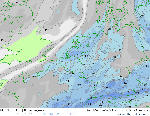 RH 700 hPa Arpege-eu So 02.06.2024 06 UTC