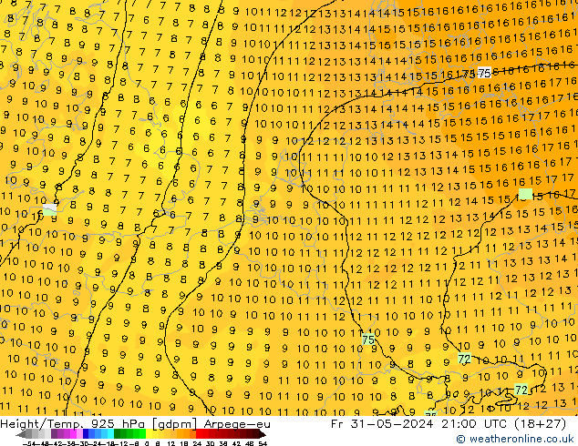 Hoogte/Temp. 925 hPa Arpege-eu vr 31.05.2024 21 UTC