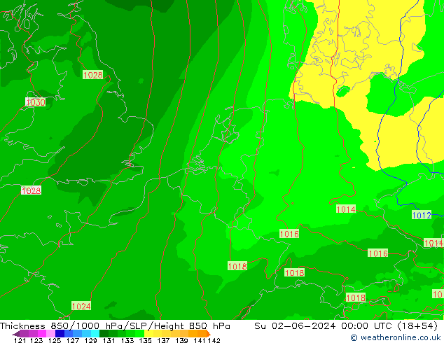 Dikte 850-1000 hPa Arpege-eu zo 02.06.2024 00 UTC