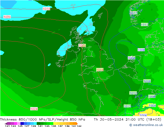 Thck 850-1000 hPa Arpege-eu Th 30.05.2024 21 UTC