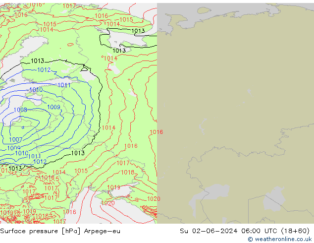 Pressione al suolo Arpege-eu dom 02.06.2024 06 UTC