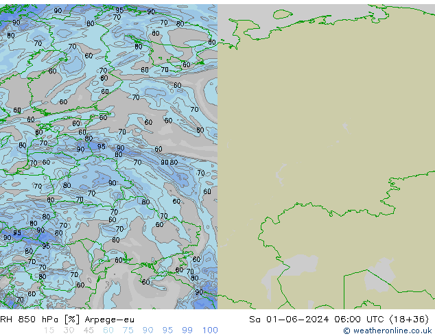RH 850 hPa Arpege-eu Sáb 01.06.2024 06 UTC