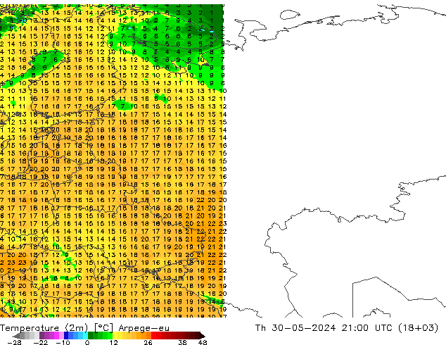 Temperatura (2m) Arpege-eu Qui 30.05.2024 21 UTC