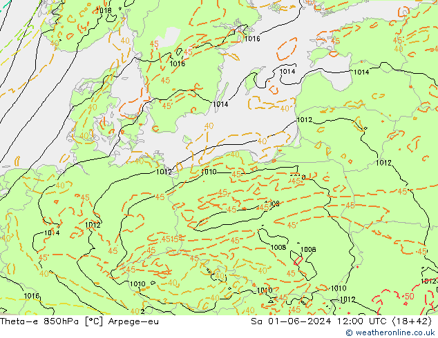 Theta-e 850hPa Arpege-eu Sa 01.06.2024 12 UTC