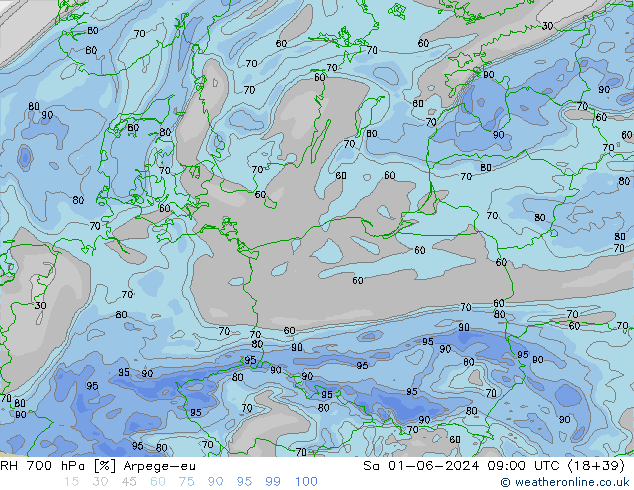 RH 700 hPa Arpege-eu Sa 01.06.2024 09 UTC