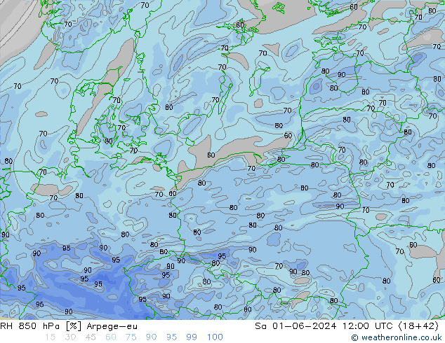 RH 850 hPa Arpege-eu Sa 01.06.2024 12 UTC