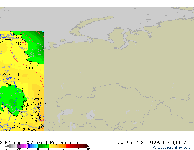 SLP/Temp. 850 hPa Arpege-eu  30.05.2024 21 UTC