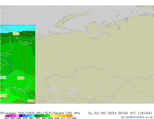 Thck 700-1000 hPa Arpege-eu dim 02.06.2024 00 UTC