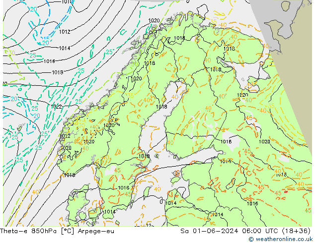 Theta-e 850hPa Arpege-eu so. 01.06.2024 06 UTC