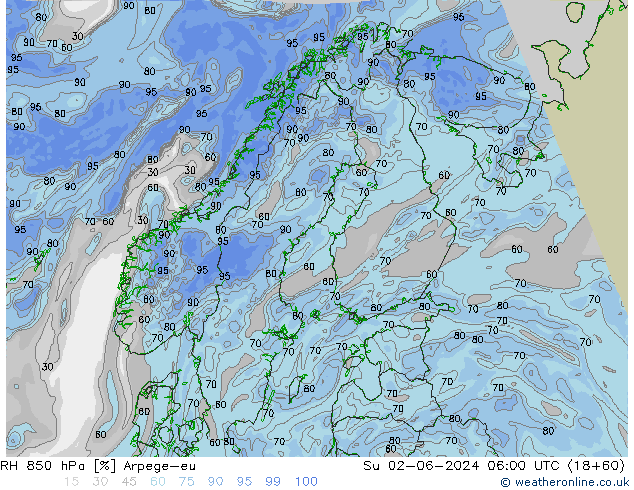 Humidité rel. 850 hPa Arpege-eu dim 02.06.2024 06 UTC