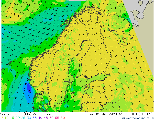 Viento 10 m Arpege-eu dom 02.06.2024 06 UTC