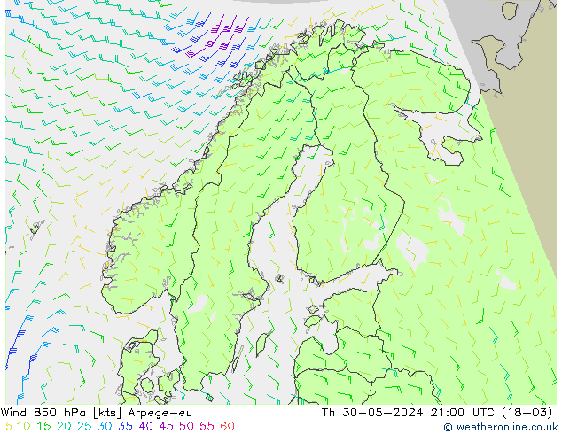 风 850 hPa Arpege-eu 星期四 30.05.2024 21 UTC