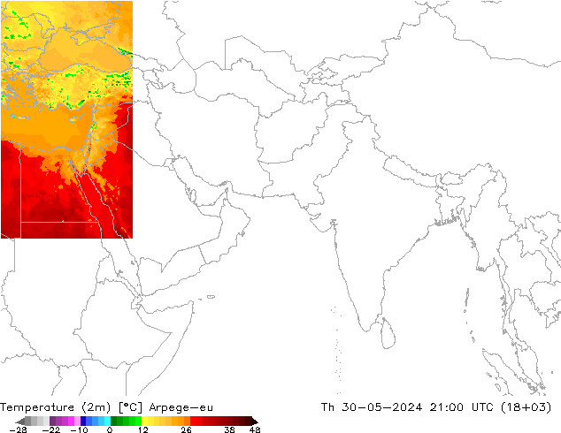 Temperature (2m) Arpege-eu Čt 30.05.2024 21 UTC