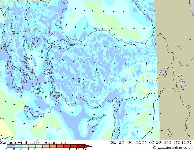 wiatr 10 m (bft) Arpege-eu nie. 02.06.2024 03 UTC