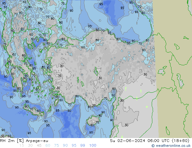Humidité rel. 2m Arpege-eu dim 02.06.2024 06 UTC