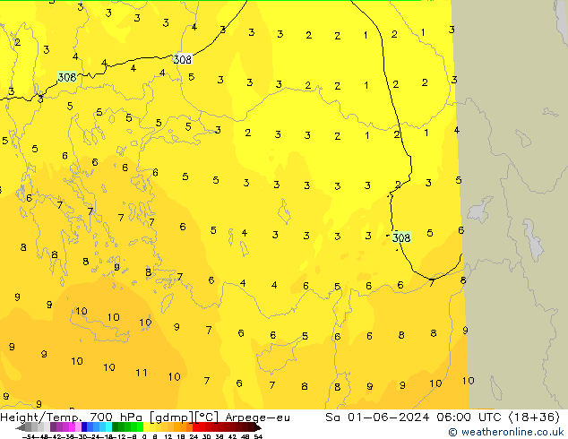 Height/Temp. 700 hPa Arpege-eu so. 01.06.2024 06 UTC