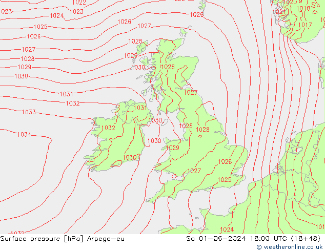 Presión superficial Arpege-eu sáb 01.06.2024 18 UTC