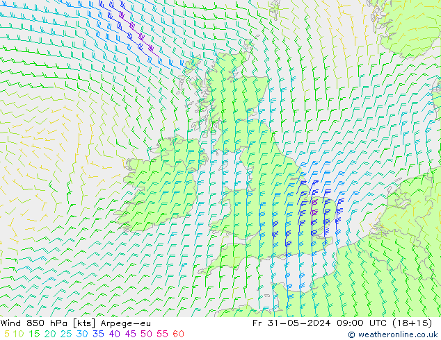 Vento 850 hPa Arpege-eu Sex 31.05.2024 09 UTC