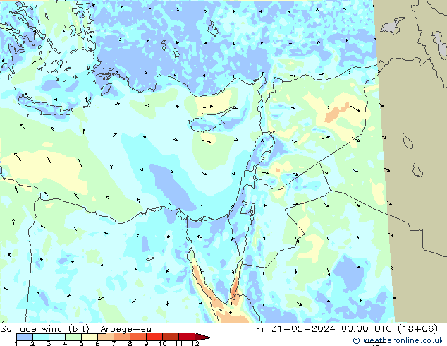 Surface wind (bft) Arpege-eu Fr 31.05.2024 00 UTC