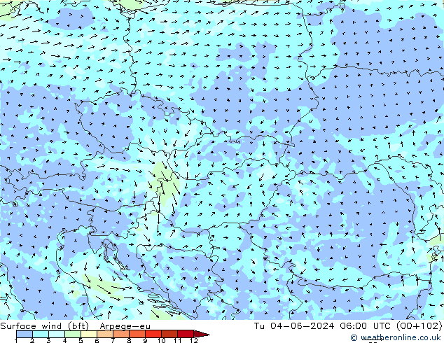 Surface wind (bft) Arpege-eu Tu 04.06.2024 06 UTC