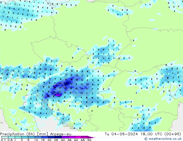 Totale neerslag (6h) Arpege-eu di 04.06.2024 00 UTC