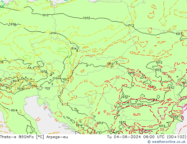 Theta-e 850hPa Arpege-eu Tu 04.06.2024 06 UTC