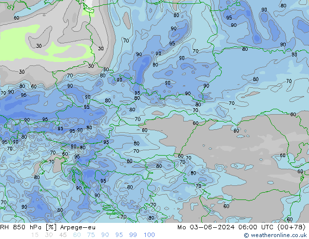 RH 850 hPa Arpege-eu Mo 03.06.2024 06 UTC
