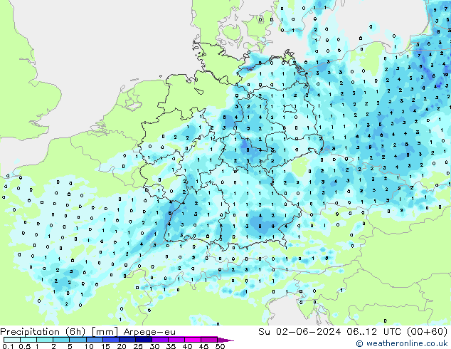 Precipitación (6h) Arpege-eu dom 02.06.2024 12 UTC
