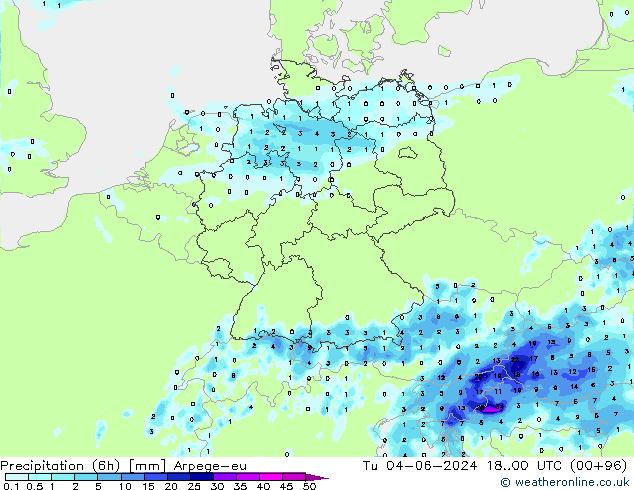 Yağış (6h) Arpege-eu Sa 04.06.2024 00 UTC