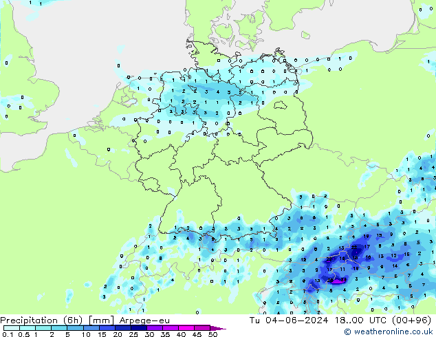 Precipitation (6h) Arpege-eu Tu 04.06.2024 00 UTC