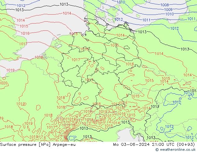 Surface pressure Arpege-eu Mo 03.06.2024 21 UTC