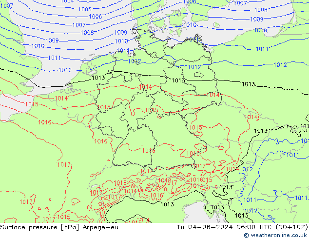 Surface pressure Arpege-eu Tu 04.06.2024 06 UTC