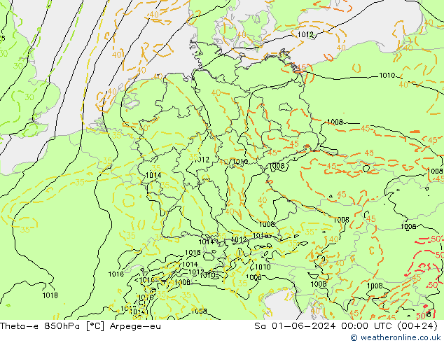 Theta-e 850hPa Arpege-eu Sa 01.06.2024 00 UTC