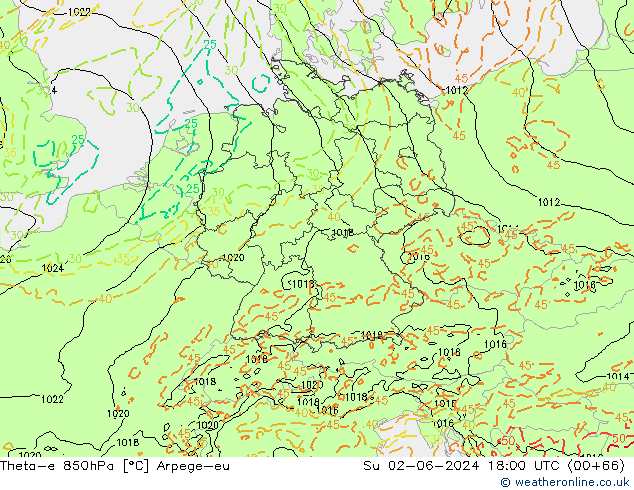 Theta-e 850hPa Arpege-eu Su 02.06.2024 18 UTC