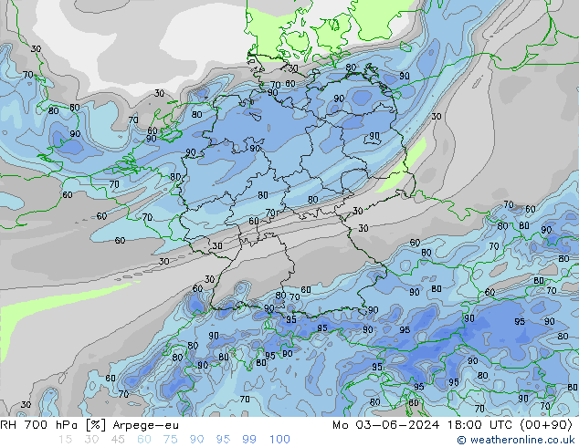 RH 700 hPa Arpege-eu Mo 03.06.2024 18 UTC