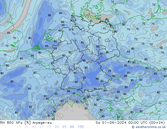 RH 850 hPa Arpege-eu Sáb 01.06.2024 00 UTC