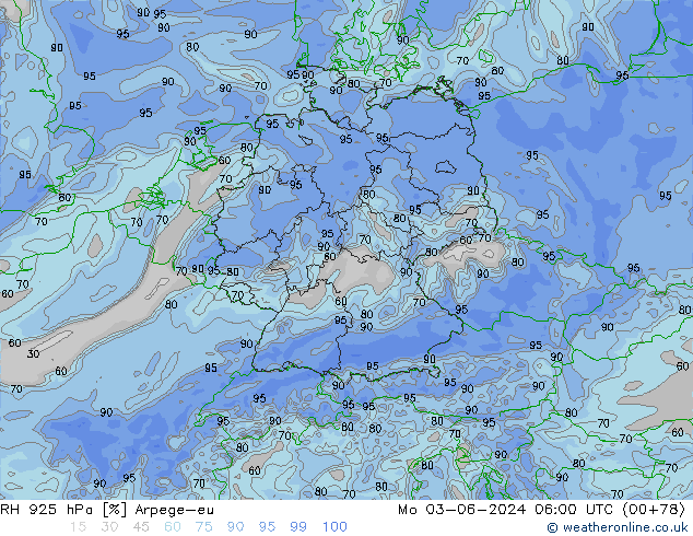 Humidité rel. 925 hPa Arpege-eu lun 03.06.2024 06 UTC