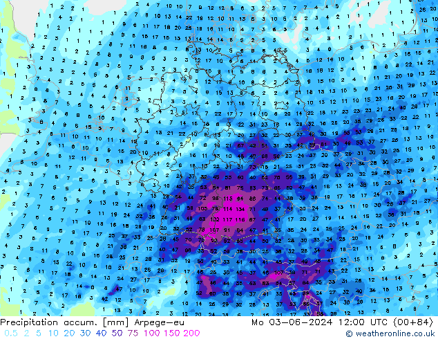 Precipitation accum. Arpege-eu Seg 03.06.2024 12 UTC