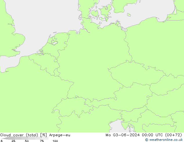 Cloud cover (total) Arpege-eu Mo 03.06.2024 00 UTC