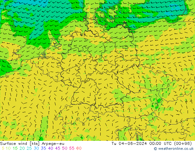 Surface wind Arpege-eu Tu 04.06.2024 00 UTC
