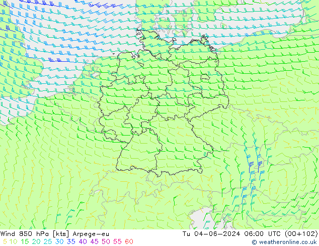 ветер 850 гПа Arpege-eu вт 04.06.2024 06 UTC