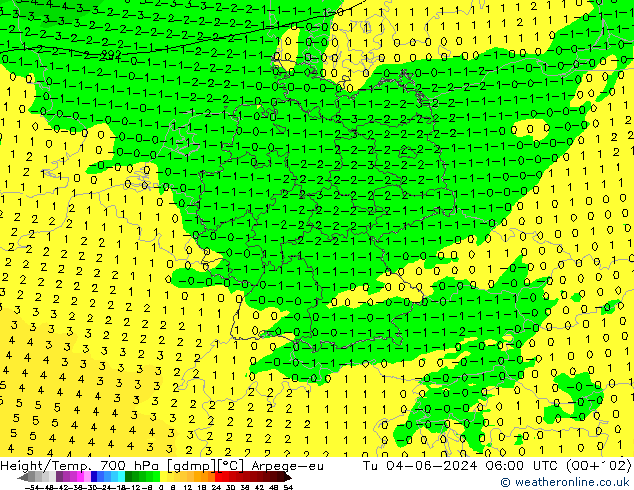 Height/Temp. 700 гПа Arpege-eu вт 04.06.2024 06 UTC