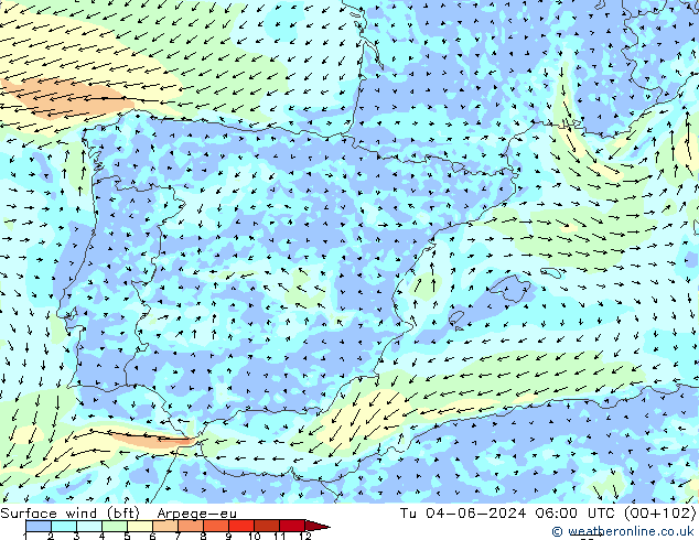 wiatr 10 m (bft) Arpege-eu wto. 04.06.2024 06 UTC