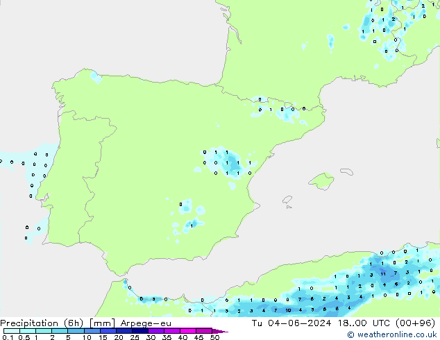 Precipitation (6h) Arpege-eu Tu 04.06.2024 00 UTC